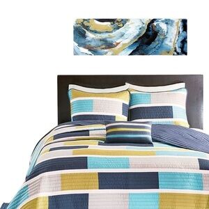3 Modern Landscape Canvas Wall Art, 12x36 blue,teal, navy blue,white, gold decor